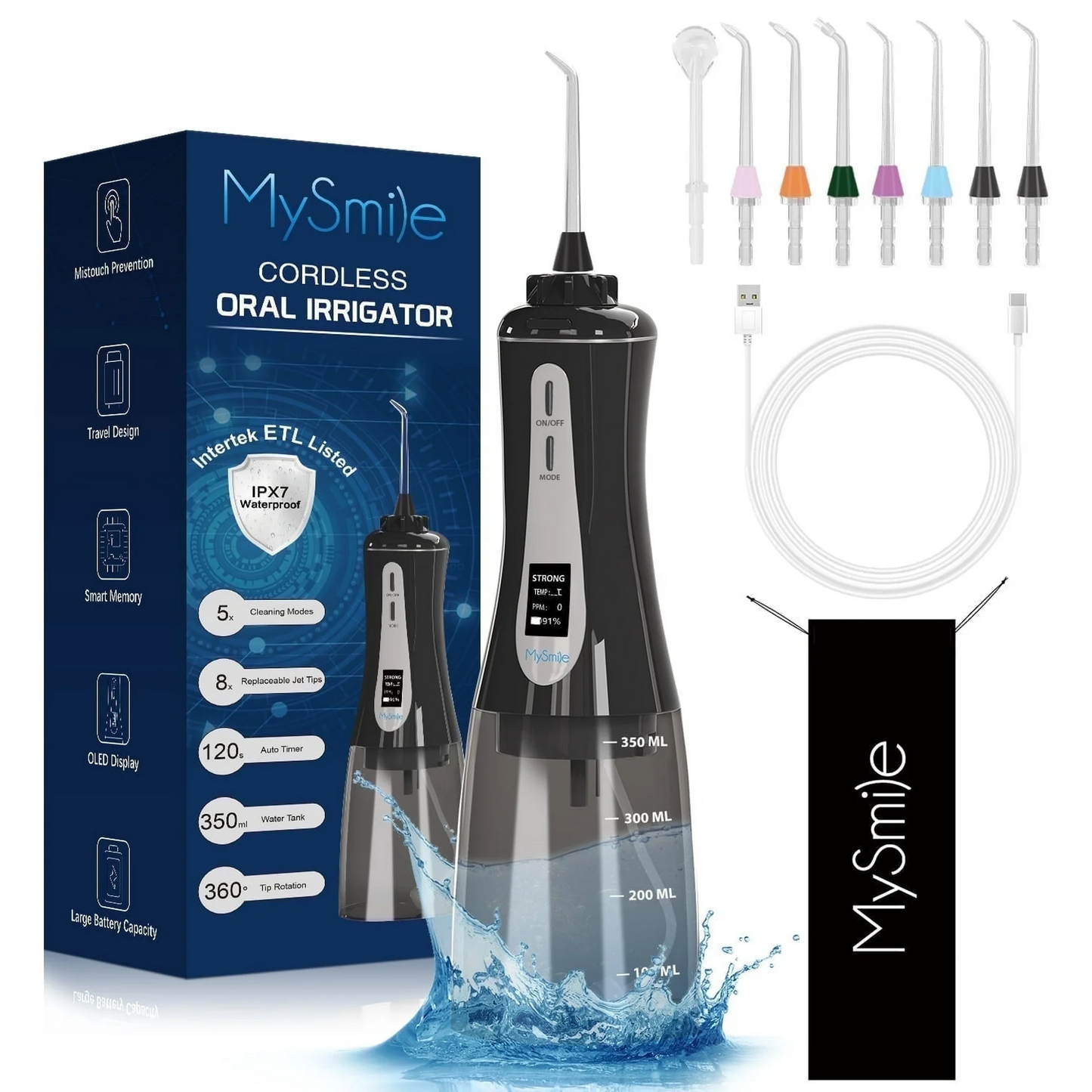 MySmile LP201 OLED Cordless Water Flosser for Teeth Braces, Gums, Dental Hygiene, Portable Electric Oral Irrigator, 5 Modes, 8 Jet Tips, Black