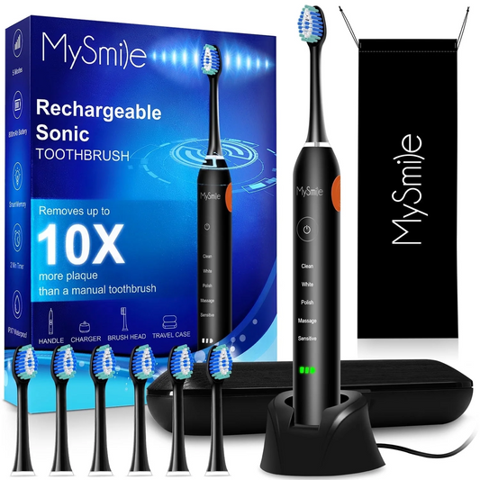MySmile Rechargeable Sonic Electric Toothbrush for Adults, Enamel Safe Toothbrush, 6 Replace Heads 5 Deep Cleaning Modes, Black