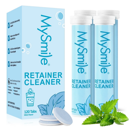 MySmile 120pc Retainer Cleaner Tablets Denture Cleanser for Invisalign, Teeth Whitening Tray, Mouth Guard Cleaner, Water Flosser Tank, Tea & Coffee Cup, Fast Remove Stains,Mint