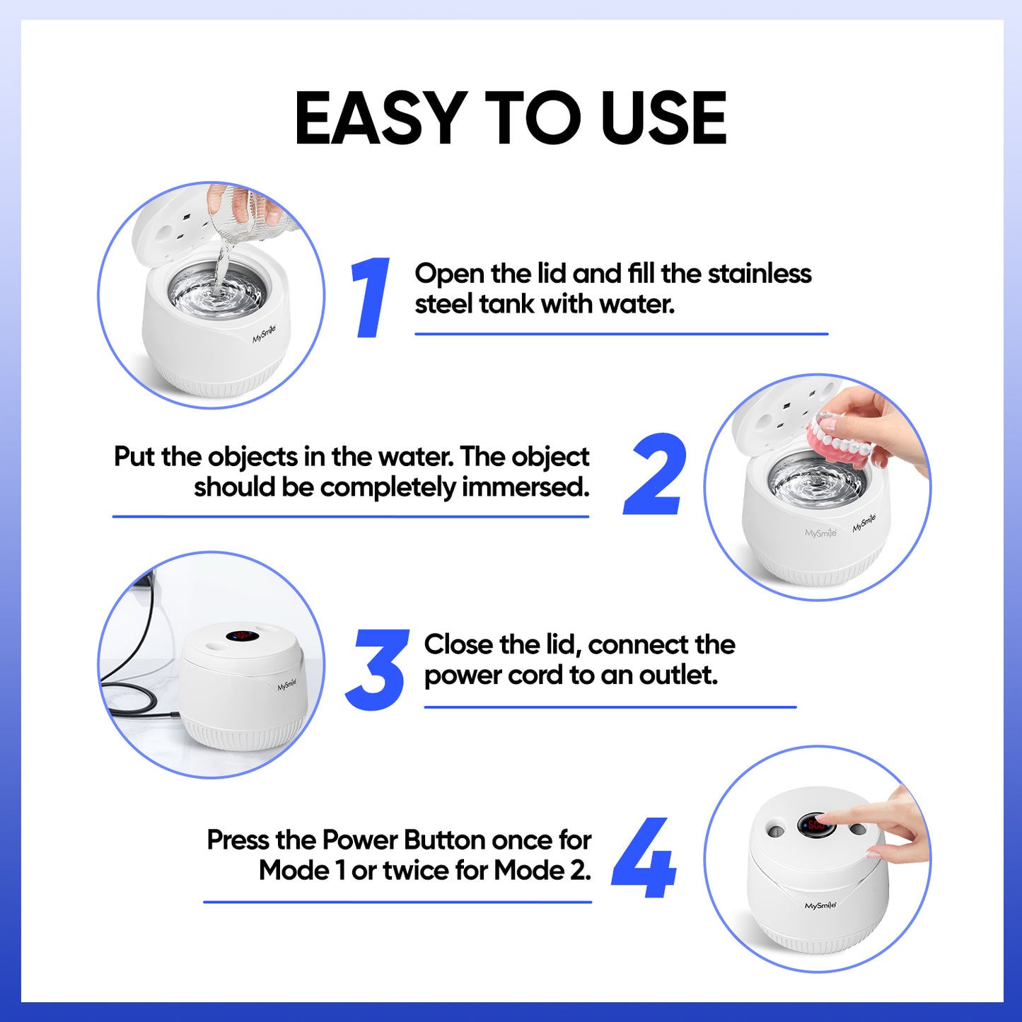 MySmile 45kHz Portable Ultrasonic Retainer Cleaner UVC Sterilizer Machine Dental Cleaning Pod for Denture Cleanser, Invisalign Aligner, Braces, Mouth Guard,Jewelry, 2 Modes