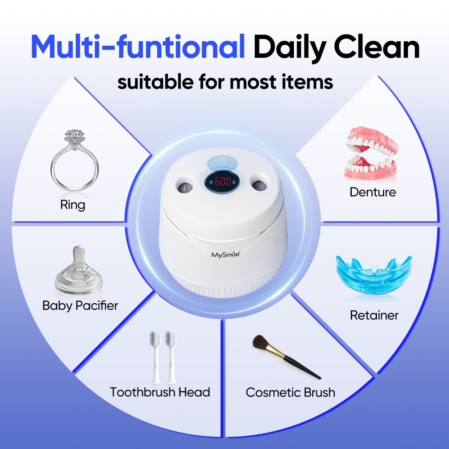 MySmile 45kHz Portable Ultrasonic Retainer Cleaner UVC Sterilizer Machine Dental Cleaning Pod for Denture Cleanser, Invisalign Aligner, Braces, Mouth Guard,Jewelry, 2 Modes