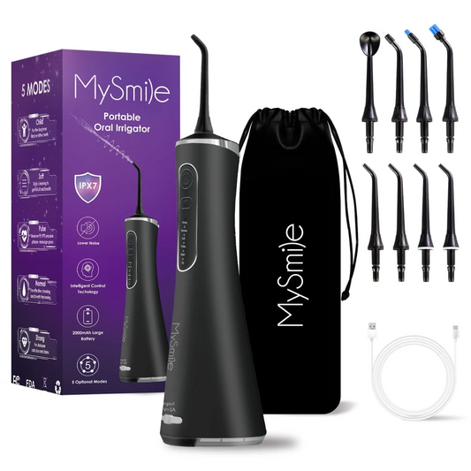 MySmile LP211 Cordless Portable Water Flosser for Teeth Cleaning, Oral Irrigator, Electric Water Dental Picks, 5 Modes, 8 Jet Tips, Travel Bag, Black