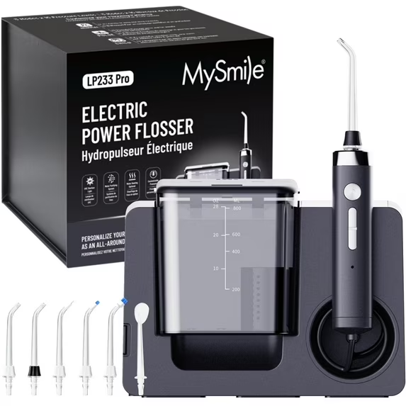 MySmile LP233 Pro 800ML Countertop Electric Dental Water Flosser with UVC Sterilizer Water Purifying Light, Power Oral Irrigator for Teeth Braces 6 Jet Tips, Black